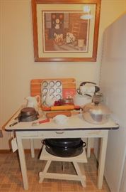 Vintage enamel top table, vintage kitchen items