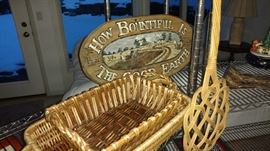 Wicker baskets and wood signs