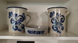 Painted pottery pitcher, bowl and canister