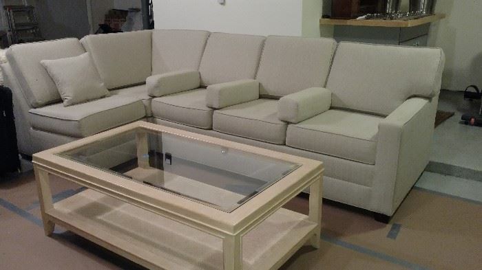 Ethan Allen Sectional - beautiful and in excellent condition. Glass top pickled wood coffee table.