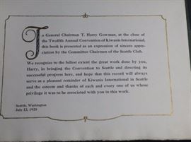 1928 Kiwanis International Convention commemorative album for the chairman T Harry Gowman with photos of Hec Ed Pavilion dedication and other early Seattle original photos. 