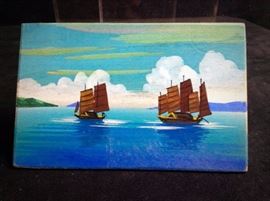 Hand painted on wood postcard sail boats