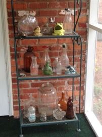 Baker's Rack and Glass Bottle Collection