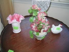 Fenton vase, milk glass hen on nest and glass flowers