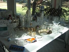 Glassware, bowls, cake plates, vases, pitchers, sterling silver individual salt shakers