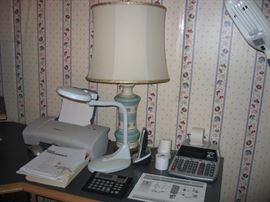 Office calculator, adding machine, lamps, printer