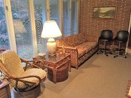Rattan Sofa, Chair and End Table.  Bar Stools