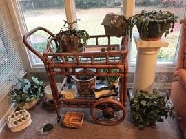 Vintage Rattan Tea Cart, Plants, Pottery, etc.