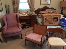 Danish Modern Chair, Kofod Larsen Spear Chair, Wing back upholstered chair, Full/Queen Headboard (full mattress). Vintage Amethyst Glass Lamp, Singer Sewing machine and Cabinet, Fabrics. 