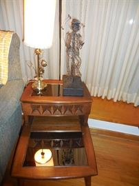 Mid Century Rothline North Carolina Step End Tables with Drawer, Mirror Inserts..GREAT Condition.Mid Century Table lamp original Shade.Clown Metal Sculpture