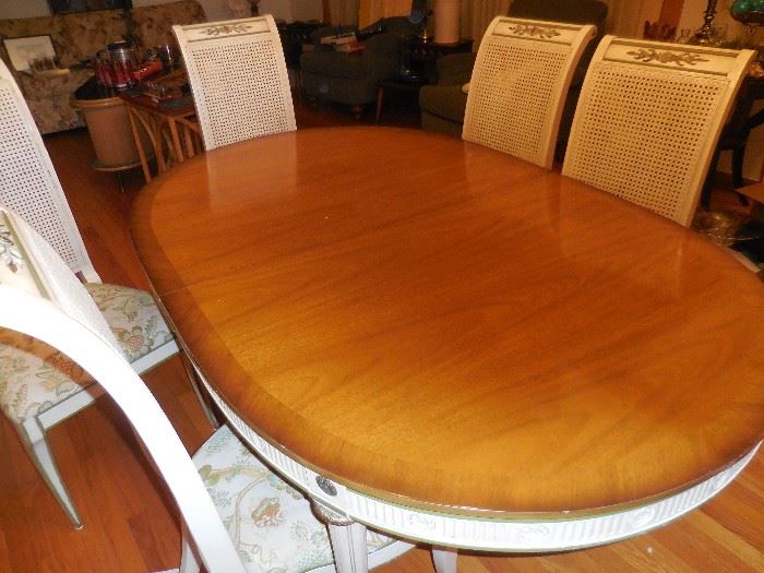 Hollywood Regency Dining Table 5 Leaves.4 Side Curved Back Cane Chairs.2 Arm Chairs