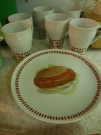 50's Adorable Luncheon Set. Hamburger Plates, Coffee Mugs have Hot Dogs Hamburgers hand painted