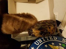 mink hat, bird feather hat, military plaque