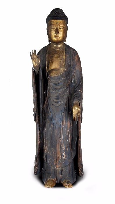 A LARGE CARVED GILT WOOD STANDING BUDDHA,EDO DYNASTY(1603-1867) 