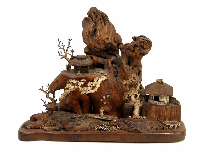 WOOD SCULPTURE OF ASIAN VILLAGE SCENE, WITH BONE CARVED ACCENTS(TREES,HOUSE AND PEOPLE); EDO DYNASTY(1603-1867) 