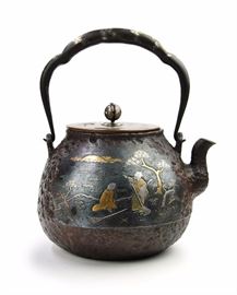 SILVER AND GOLD DECORATED IRON KETTLE