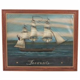 E. Clarkson Reproduction Oil Painting "Favourite": An original oil painting by Evelyn Clarkson (20th Century), which is a reproduction of the original piece titled Favourite by American and British artist Robert Salmon (1775 – c. 1845). This piece utilizes whites, browns and blues to depict the masted ship Favorite, with several sails furled, and a streamer marked “Favourite”. It is signed by hand in field in the lower right corner, and is presented in a beveled wooden frame, with no mat or glass, and a wire affixed to the rear for display. It comes with a small insert with extra information about the piece.