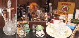 Bar items: pilsners, steins, tools, liquor signs, bar tools, pint glasses and unique items