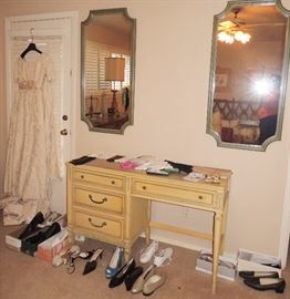 French provincial desk and double wall mirrors.  Amazing vintage wedding dress ensemble.  Men's and Women's shoes - many new in box