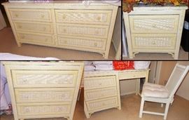 Heavy wicker bedroom suite 1960s.  2 Twin headboards, side table, small chest, dresser, mirror, student desk and chair