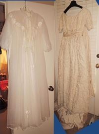 clothesWedAmazing vintage wedding dress with lace covered straight line dress with detachable train that buttons to shoulder. Matching cap veil and shoes.  Vintage peignoir set with matching fur-trimmed shoes