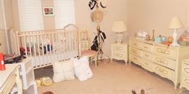 Crib, blankets, linens, stuffed animals