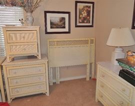 1960s wicker bedroom suite : Two twin headboards, desk and chair, small chest and dresser 