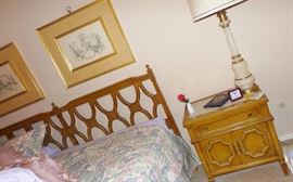 60s-70s King headboard, 2 side tables, dresser and 2 mirrors, gentlemen’s chest, French provincial desk and chair. Set of Frederick Cooper lamps