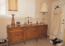 60s-70s King headboard, 2 side tables, dresser and 2 mirrors, gentlemen’s chest, French provincial desk and chair