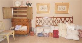 60s-70s King headboard, 2 side tables, dresser and 2 mirrors, gentlemen’s chest, French provincial desk and chair