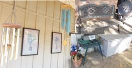 Patio, Weber grill and smoker, electric grill.  pots and planters. Iron baker's rack