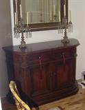 ANTIQUE DARK WOOD SERVER WITH SLIDE OUT SIDES