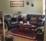 TOP OF THE LINE ALMOST NEW ITALIAN LEATHER FURNITURE IN A RICH CHOCOLATE BROWN AND HAVERTY CHERRY COFFEE TABLE