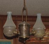 ANTIQUE GAS TRAIN LANTERN FROM LATE 19TH CENTURY WITH ADDED OPALESCENT SWIRLED ART GLASS GLOBES (TO BE SOLD SEPARATELY)