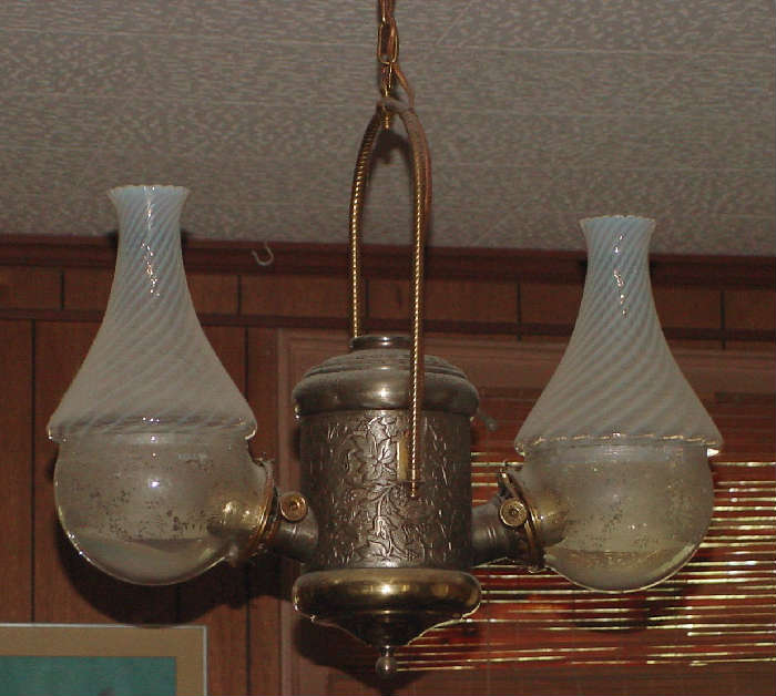 ANTIQUE GAS TRAIN LANTERN FROM LATE 19TH CENTURY WITH ADDED OPALESCENT SWIRLED ART GLASS GLOBES (TO BE SOLD SEPARATELY)