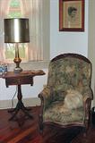 ANTIQUE MAHOGANY DROP LEAF WITH DROP PENDANT TABLES (PAIR) WITH ANTIQUE TAPESTRY LADIES SLIPPER CHAIR WITH CARVED WOOD FRAME