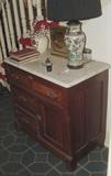 ANTIQUE WASH STAND MARBLE TOP CHEST WITH ANTIQUE ROSE MEDALLION GINGER JAR LAMP