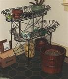 ANTIQUE TWO TIER FANCY WROUGHT IRON PLANTER STAND, OLD POTTERY AND WOODEN PLANTERS