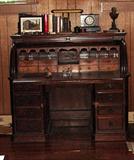ANTIQUE 19TH CENTURY FLAME MAHOGANY AND BIRD'S EYE MAPLE KNEEHOLE ROLL TOP DESK