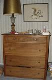 ANTIQUE 1940'S SIMPLE PRIMITIVE DRAWER CHEST WITH ANTIQUE GLASS AND BRASS LAMP