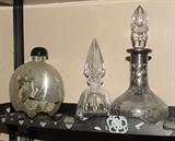 ANTIQUE SILVER OVERLAY PERFUME, CRYSTAL PERFUME AND HANDPAINTED ASIAN PEKING GLASS SNUFF BOTTLE