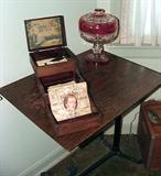 ANTIQUE BED TRAY WITH ANTIQUE HAIRNET DISPLAY AND RUBY FLASHED GLASS COVER COMPOTE