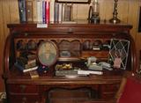 ANTIQUE DESK WITH ABE LINCOLN PHOTO, MISCELLANEOUS ANTIQUE DESK ACCESSORIES AND SO MUCH MORE