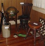 ANTIQUE GLASS BALL AND CLAW FOOT SWIVEL CHAIR AND PIANO STOOL AND ANTIQUE GLOBE IN STAND