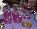 ANTIQUE GOOFUS GLASS (SOME WEAR), ETCHED CRANBERRY DISHES AND FLASHED RUBY COVERED COMPOTE