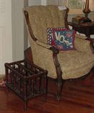 ANTIQUE MAGAZINE RACK AND "VOTE" PILLOWS