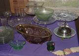 ANTIQUE ASSORTED GLASS CAKE STANDS AND ONE ANTIQUE CLARK'S TEABERRY GUM GLASS DISPLAY STAND