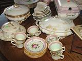 ANTIQUE ASSORTED COVERED DISHES AND DEMI TASSE CUPS AND SAUCERS