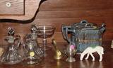ANTIQUE CRUETS, TEAPOTS AND PORCELAIN HORSE