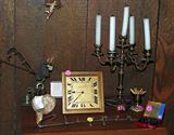ANTIQUE CLOCK AND BRASS 5-ARM CANDELABRA, MATCHHOLDER AND SNUFFER AND "CLIPPER" SIGN